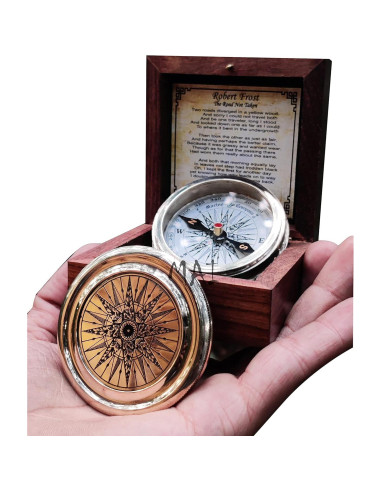 Brújula de Bronce Antiguo con Poema de Robert Frost - Regalo Inspirador