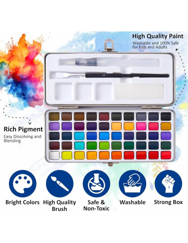 Juego de Pinturas Acuareladas Flynxo - 50 Colores Brillantes