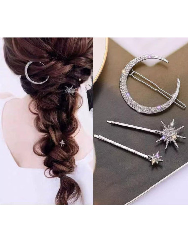 6 Clips para el Cabello Estrella y Luna mdgfge - Rhinestones