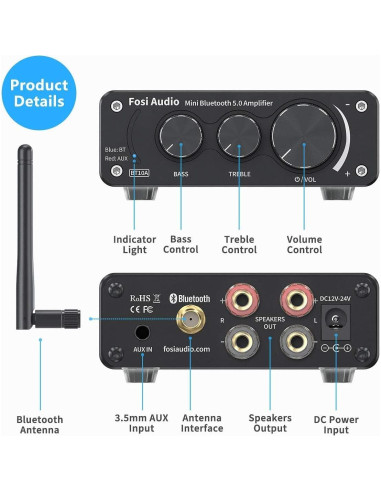 Amplificador Estéreo Bluetooth Fosi Audio BT10A 100W 2 Canales