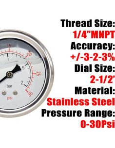 Manómetro Qolekog 2.5" NPT 0-30 Psi Lleno de Glicerina 2