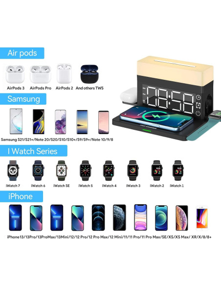 Estación de Carga Inalámbrica 3 en 1 YTFGGY con Reloj y Luz