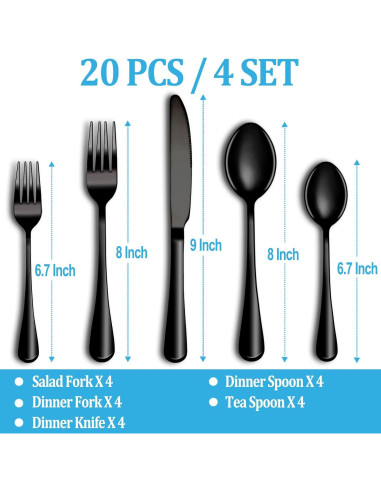 Juego de Cubiertos Negro 20 Piezas MUTNITT Acero Inoxidable