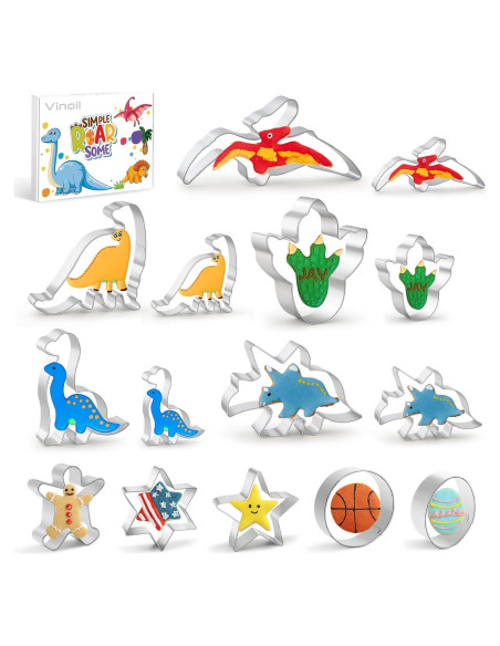 Juego de Cortadores de Galletas de Dinosaurio Vinoil - 15 Piezas de Acero Inoxidable