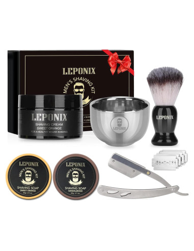 Kit de Afeitado Leponix - Navaja Recta, Jabón y Brocha
