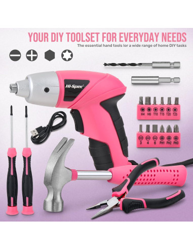Juego de Destornillador Eléctrico Hi-Spec 19pc 3.6V Rosa USB