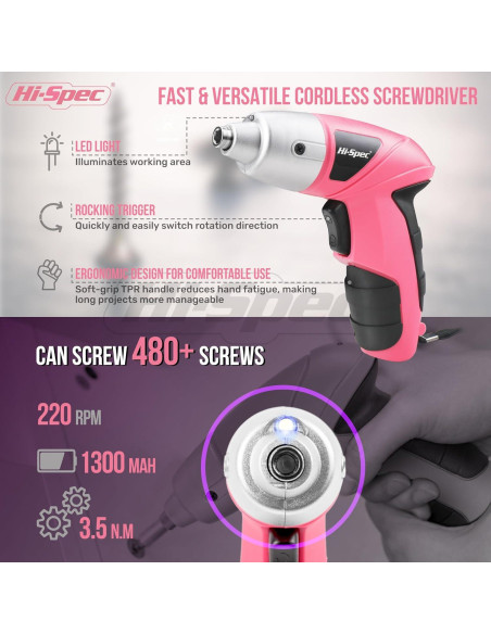 Juego de Destornillador Eléctrico Hi-Spec 19pc 3.6V Rosa USB