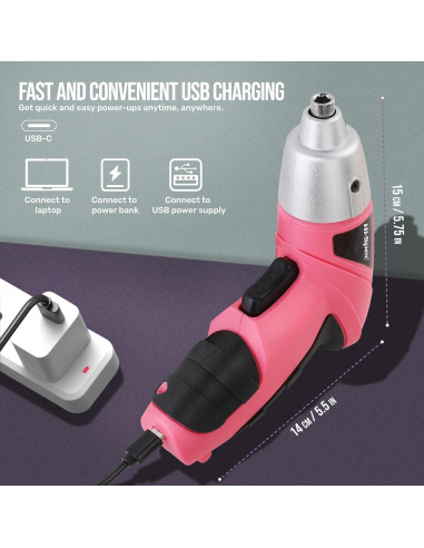 Juego de Destornillador Eléctrico Hi-Spec 19pc 3.6V Rosa USB