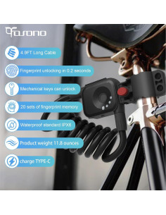 Candado de Bicicleta Biométrico OFASONO BFP0024 Antirrobo 1.5m 2