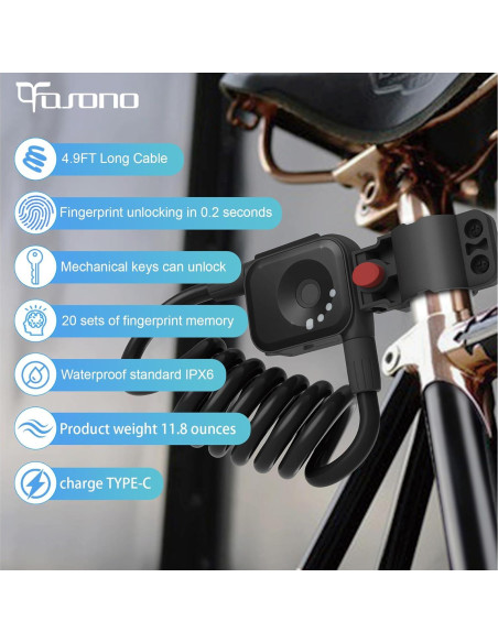 Candado de Bicicleta Biométrico OFASONO BFP0024 Antirrobo 1.5m