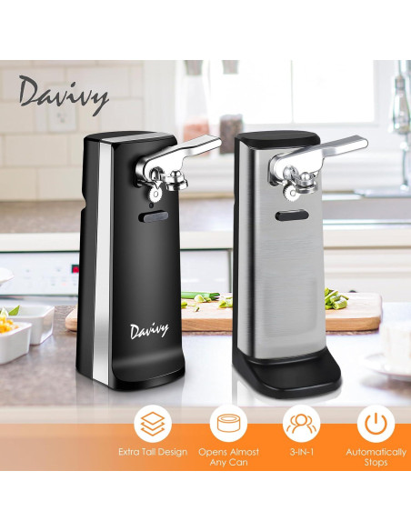 Abridor de Latas Eléctrico Davivy 3 en 1 Acero Inoxidable Negro