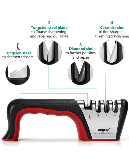 Afilador de Cuchillos 4-en-1 Longzon con Guante Resistente