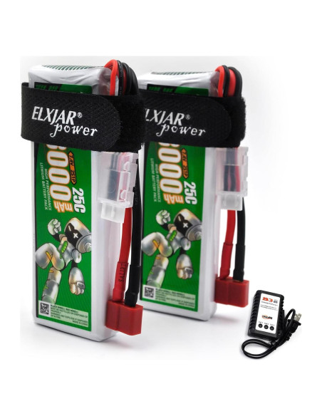 Batería LiPo 7.4V 3000mAh 25C elxjar - Paquete de 2 con Cargador