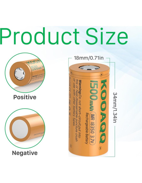 Paquete de 2 Baterías Recargables KOOAQQ 18350 1500mAh 3.7V