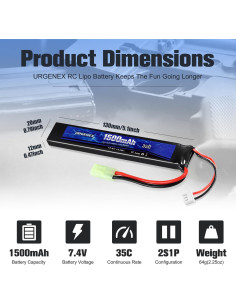 Batería Lipo URGENEX 7.4V 1500mAh 35C Mini Tamiya Recargable 2