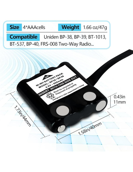 Paquete de 2 Baterías Ni-MH 4.8V 800mAh JINTION para Uniden