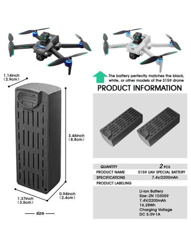 Batería de Reemplazo para Drone S159 2200mAh 7.4V - 2 Pcs