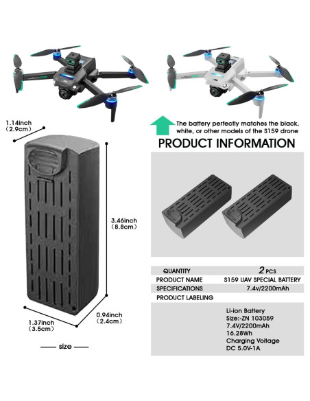 Batería de Reemplazo para Drone S159 2200mAh 7.4V - 2 Pcs