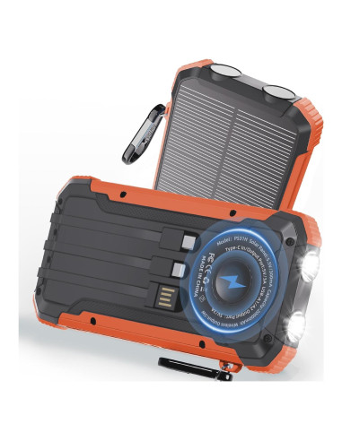 Banco de Energía Solar 20,000mAh Cargador Inalámbrico Naranja