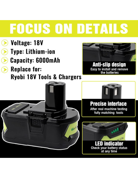 Batería de Litio 6.0Ah TenHutt para Ryobi 18V ONE+ - 2 Paquetes