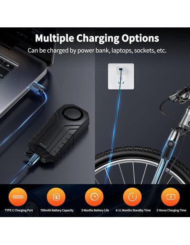 Alarma Inalámbrica para Bicicleta WSDCAM 113dB Recargable IP65