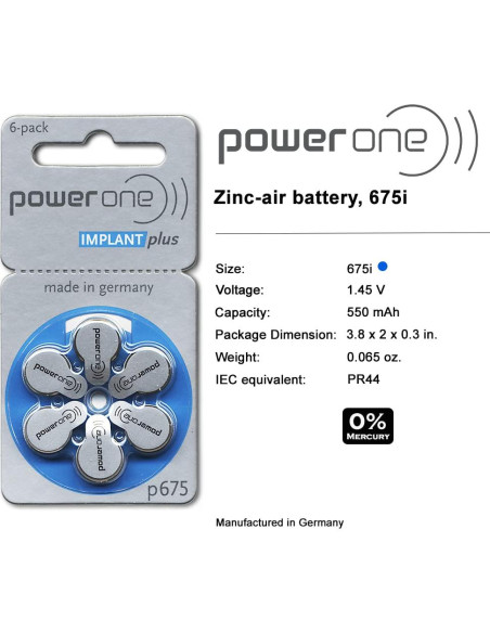 Baterías para Implantes Cocleares Power One 675 - 300 Unidades