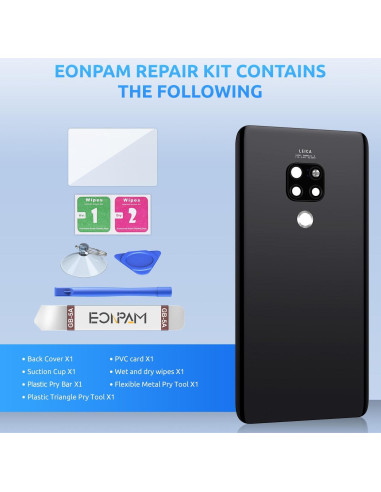Cristal Trasero para Huawei Mate 20 Eonpam Negro + Kit Herramientas