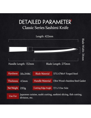 Cuchillo Yanagiba HEZHEN 270mm Sashimi Acero Inoxidable