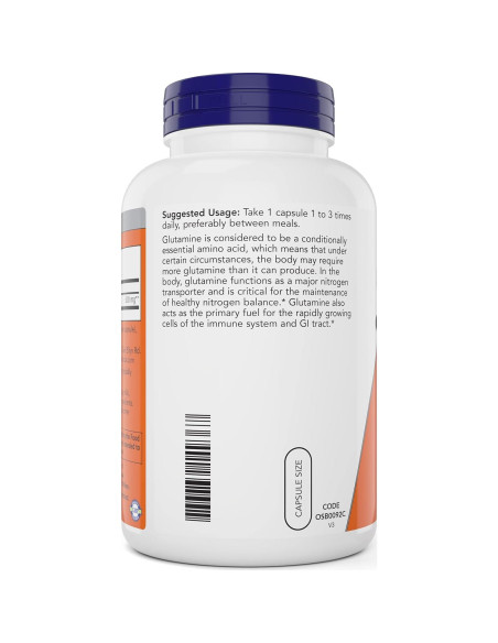 Now L-Glutamina 500mg 300 Cápsulas Veganas - Suplemento No-OGM