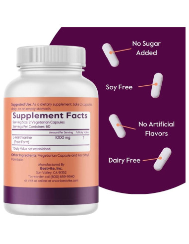 Suplemento L-Metionina 500mg Bestvite 120 Cápsulas Veganas
