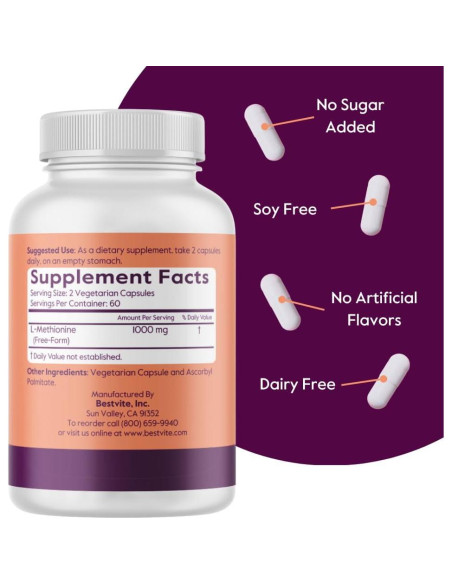 Suplemento L-Metionina 500mg Bestvite 120 Cápsulas Veganas