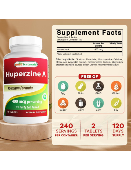 Huperzina A 400 mcg Mejores Naturales - 240 Tabletas Sin Gluten