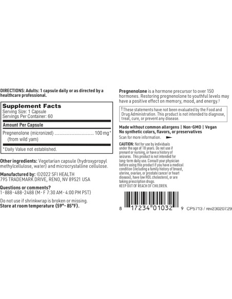 Klaire Labs Pregnenolona 100mg - Apoyo Memoria y Energía - 60 Cápsulas