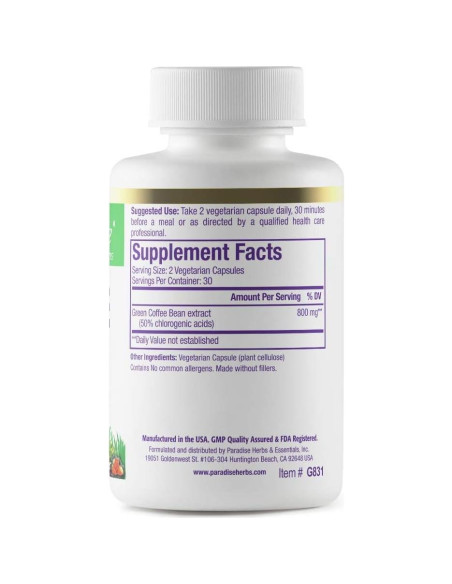 Granos de Café Verde Paradise Herbs, 60 Cápsulas Veganas
