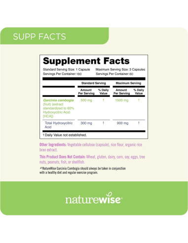 NatureWise Garcinia Cambogia 180 Cápsulas Veganas 60% HCA