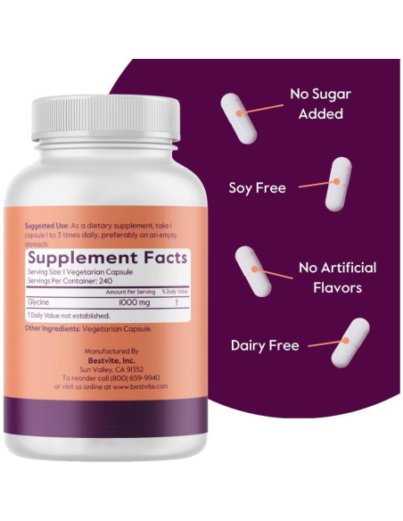 Glicina 1000mg Bestvite - 240 Cápsulas Vegetarianas Veganas