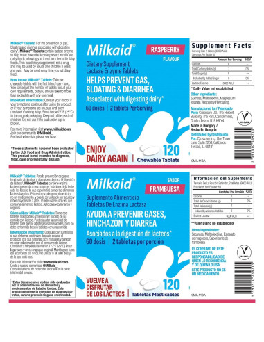 Tabletas Masticables Milkaid 120 Unidades Sabor Frambuesa