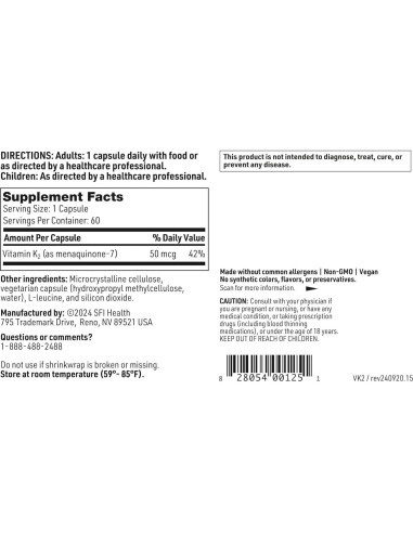 Vitamina K2 Klaire Labs MK-7 50 mcg 60 Cápsulas Sin Soja