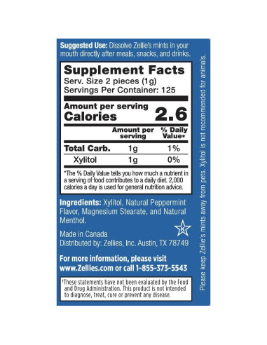 Mentitas de Aliento Zellie's 250g Menta Fresca Sin Azúcar