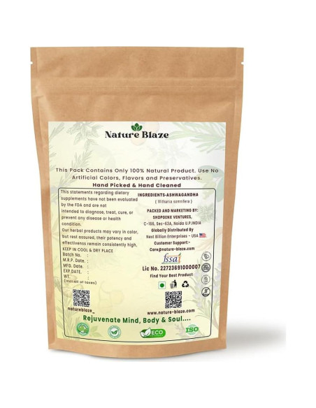 Ashwagandha Entera Orgánica Nature Blaze 114 g - Suplemento Natural