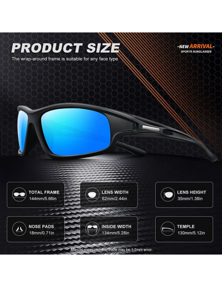 Gafas de sol deportivas polarizadas Hombres Marco negro Lente azul