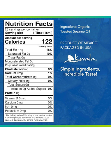 Aceite de Sésamo Tostado Orgánico Kevala 354 ml - Sin Colesterol