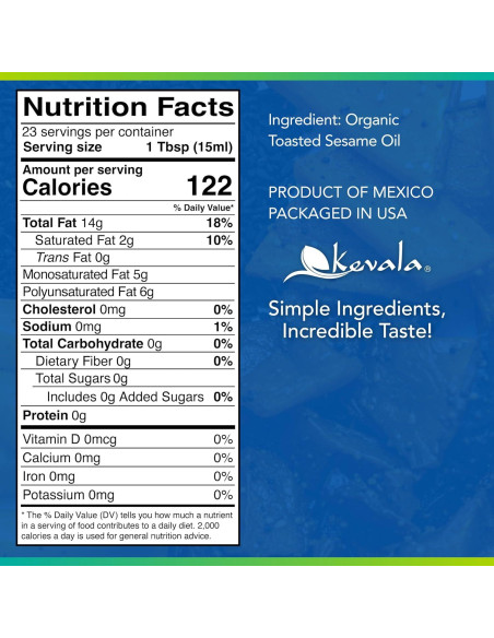 Aceite de Sésamo Tostado Orgánico Kevala 354 ml - Sin Colesterol