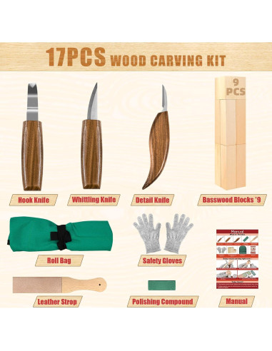 Kit de Tallado en Madera K Kernowo 17PCS con Herramientas y Guantes