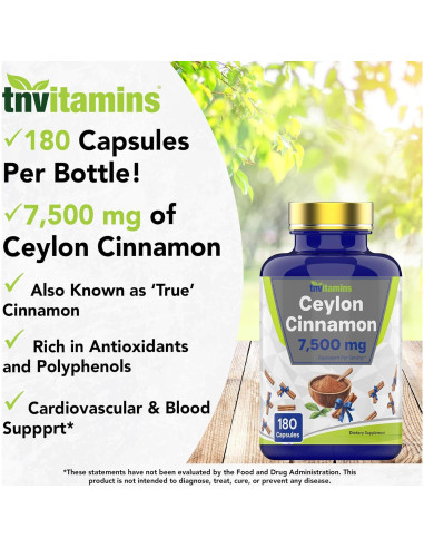 Cápsulas de Canela de Ceilán TNVitamins 180 Unidades 7500 mg