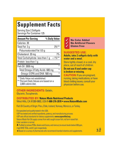 Suplemento Omega 3 Nature Made 2000mg 250 Cápsulas Blandas