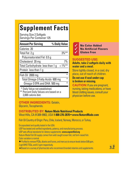 Suplemento Omega 3 Nature Made 2000mg 250 Cápsulas Blandas
