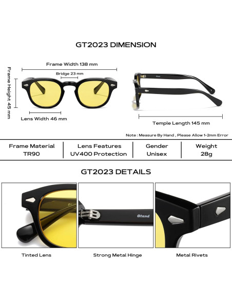 Gafas de Sol Gtand Unisex Retro 46mm UV400 Marco Negro