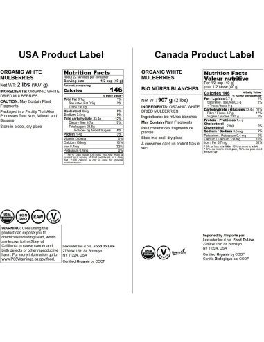 Moras Blancas Secas Orgánicas Food to Live 0.91 kg - Sin OGM