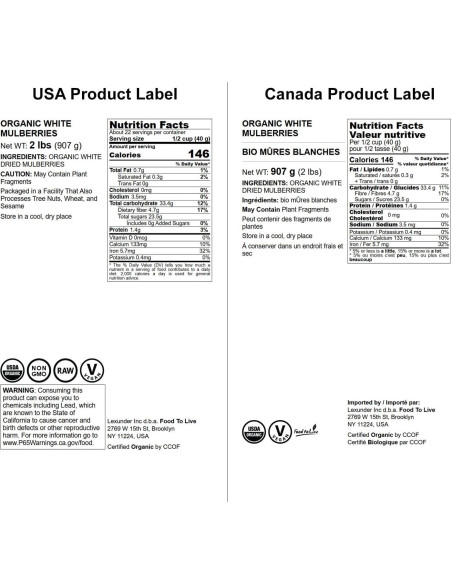 Moras Blancas Secas Orgánicas Food to Live 0.91 kg - Sin OGM